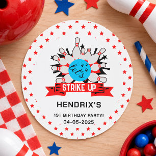 Retro Bowling Kids 1st Birthday Party Classic Roun Round Sticker