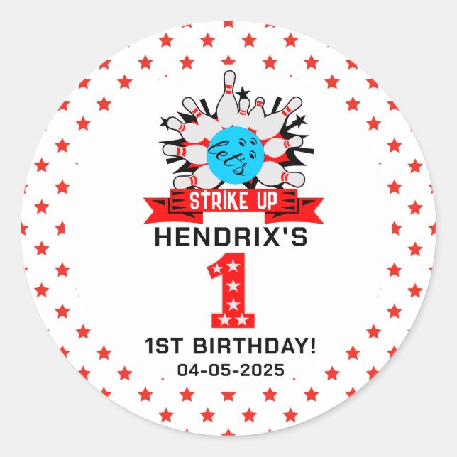 Retro Bowling Kids 1st Birthday Party Classic Round Sticker (Front)