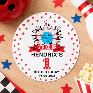 Retro Bowling Kids 1st Birthday Party Classic Round Sticker