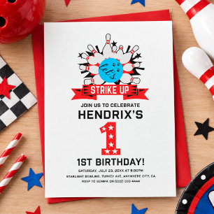 Retro Bowling Kids 1st Birthday Party Invitation