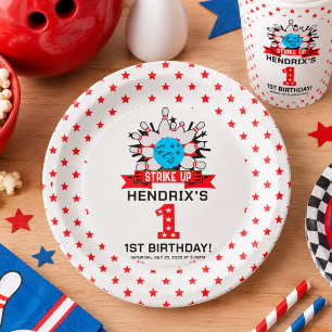Retro Bowling Kids 1st Birthday Party Paper Plate