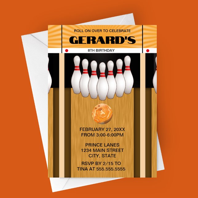 Retro Bowling Lane Birthday Party Invitation (Orange Bowling Alley Birthday Party Invitation)