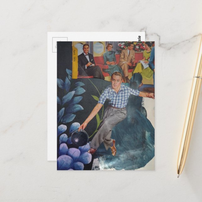 Retro Bowling Man Mixed Media Collage Postcard (Front/Back In Situ)