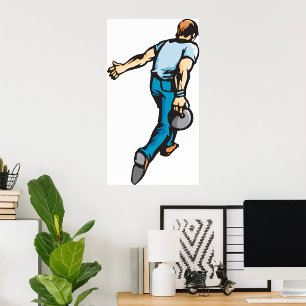 Retro Bowling Player Throwing Ball Poster