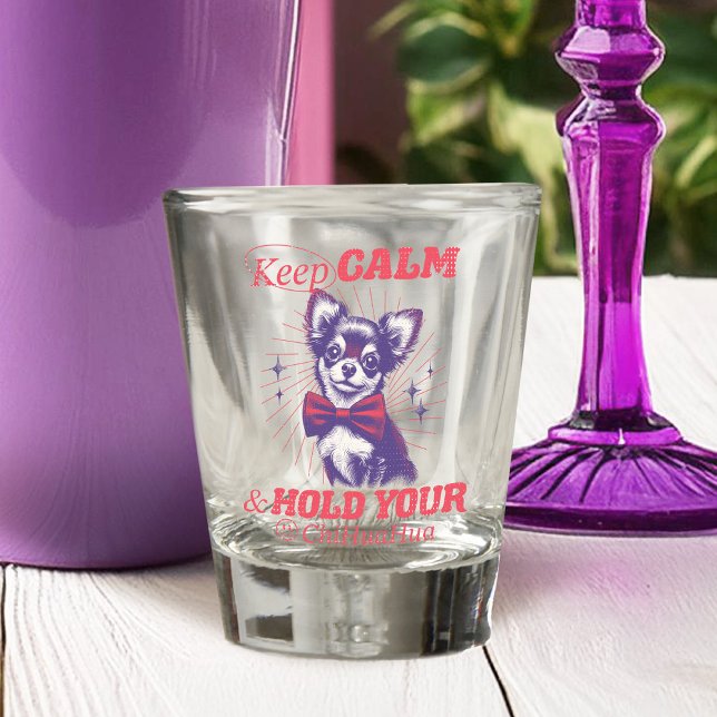 Retro Bowtie Chihuahua Graphic - Keep Calm Quote Shot Glass (This funny design uses retro fonts and vintage-style graphics in bright pink typography.)