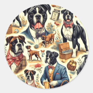 Retro Boxer Dog Illustration Classic Round Sticker