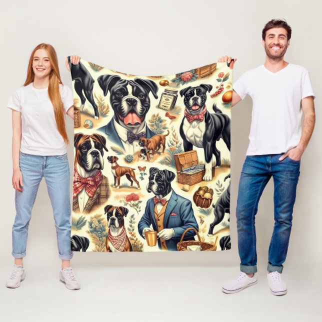 Retro Boxer Dog Illustration Fleece Blanket (In Situ)