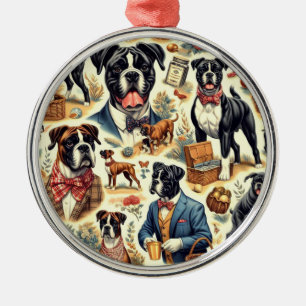 Retro Boxer Dog Illustration Metal Ornament