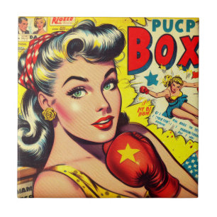 Retro Boxing Girl Comics Ceramic Tile