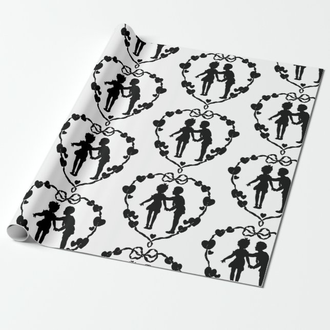 RETRO BOY AND A GIRL IN A HEART Wrapping Paper (Unrolled)