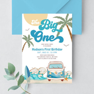 Retro Boy Big One Surfing 1st Birthday Party Invitation