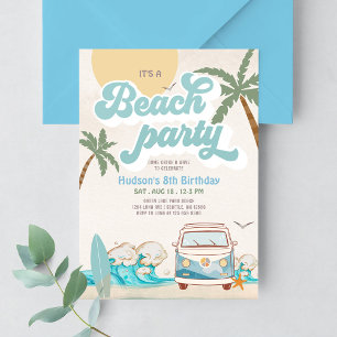 Retro Boy It's a Beach Party Surfing Birthday Part Invitation
