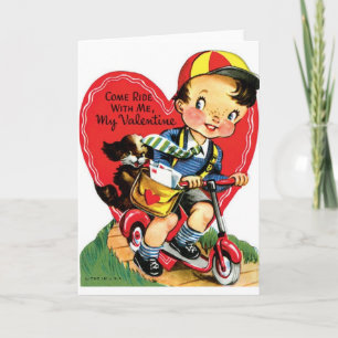 Retro Boy On Scooter With Puppy Valentine Holiday Card