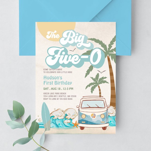 Retro Boy The Big Five-0 Surfing 50th Birthday Invitation (Creator Uploaded)