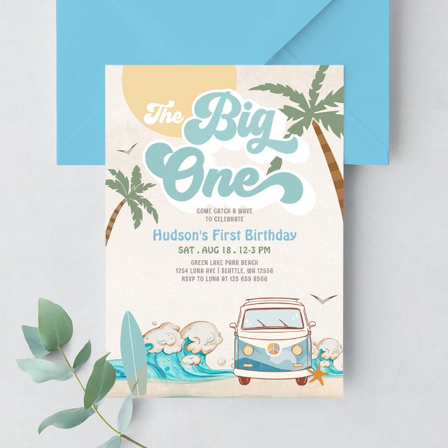 Retro Boy The Big One Surfing 1st Birthday Party Invitation (Creator Uploaded)