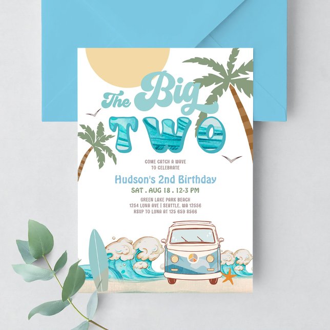 Retro Boy The Big TWO Surfing 2nd Birthday Party Invitation (Creator Uploaded)