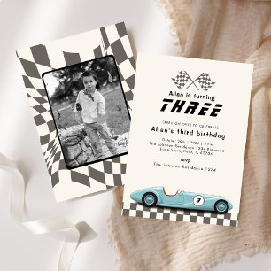 Retro Boys Vintage Blue Race Car Birthday Party  Invitation