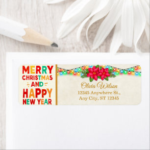 Retro Bright Christmas Lights & Poinsettia Return Address Label