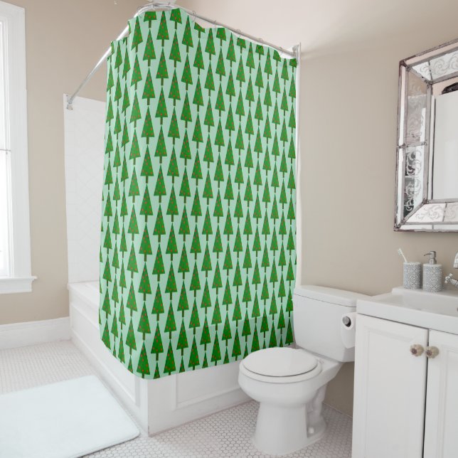 Retro Bright Christmas Tree All-Over Pattern Shower Curtain (In Situ)