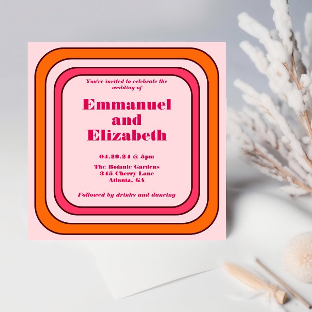 Retro Bright Colour Pink, Orange & Magenta Wedding Invitation (Creator Uploaded)