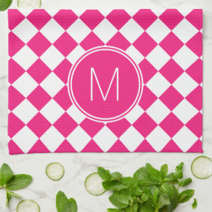 Retro Bright Pink and White Chequered Check Tea Towel