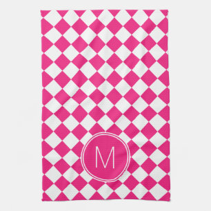 Retro Bright Pink and White Chequered Check Tea Towel