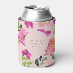 Retro Bright Pink Fun Watercolor Floral Wedding Can Cooler