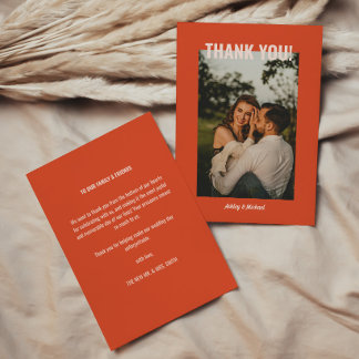 Retro Bright Red & Beige Wedding Photo Thank You Card