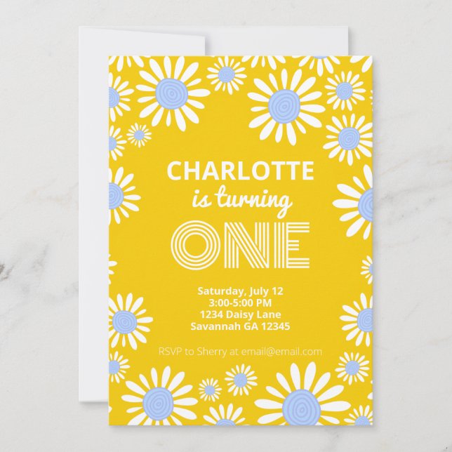 Retro Bright Yellow Daisy First Birthday Invitation (Front)