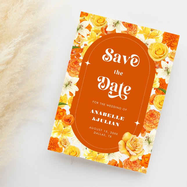 Retro Bright Yellow Orange Garden Floral Wedding Save The Date (Creator Uploaded)