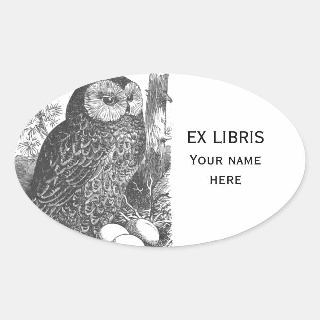 Retro brooding owl drawing bookplate oval sticker (Front)