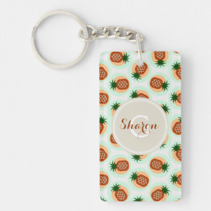 Retro brown and mint pineapple patterns monogram key ring