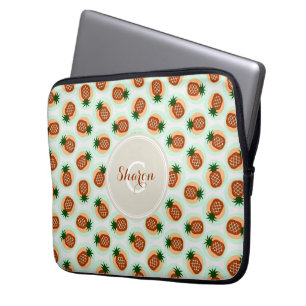 Retro brown and mint pineapple patterns monogram laptop sleeve