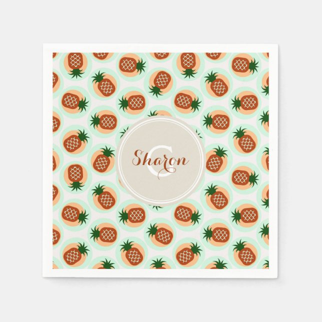 Retro brown and mint pineapple patterns monogram napkin (Front)