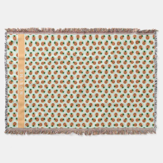 Retro brown and mint pineapple patterns monogram throw blanket (Front)