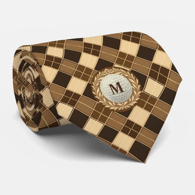 Retro Brown Argyle Monogram Golf Ball Tie (Rolled)