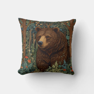 Retro brown bear artwork boho woodland forest cushion