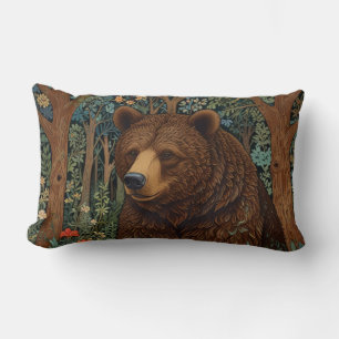 Retro brown bear artwork boho woodland forest lumbar cushion