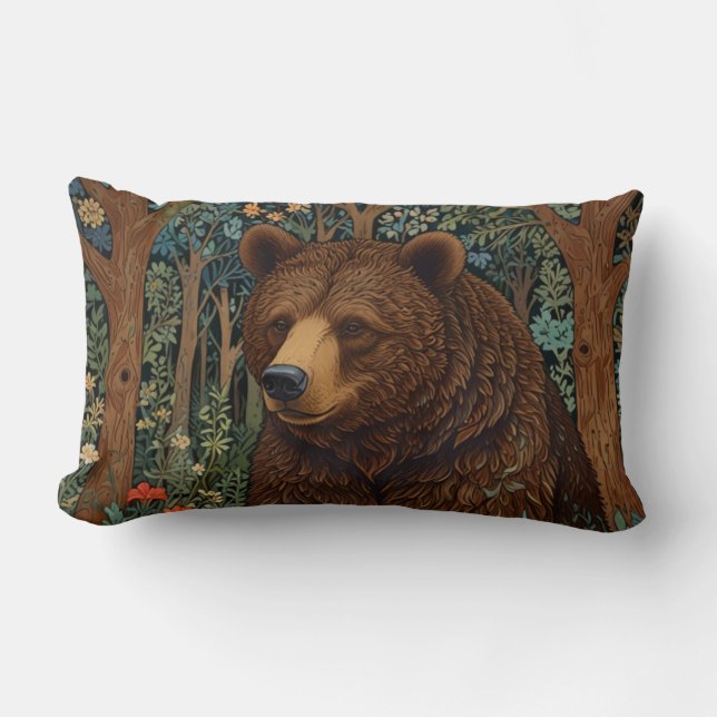 Retro brown bear artwork boho woodland forest lumbar cushion (Front)