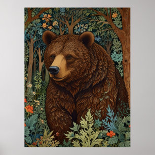 Retro brown bear artwork boho woodland forest poster