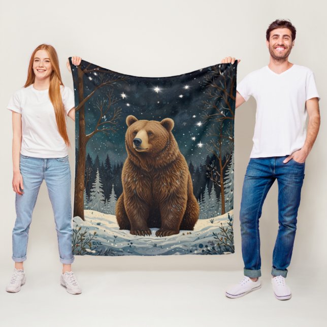 Retro brown bear midnight winter landscape fleece blanket (In Situ)