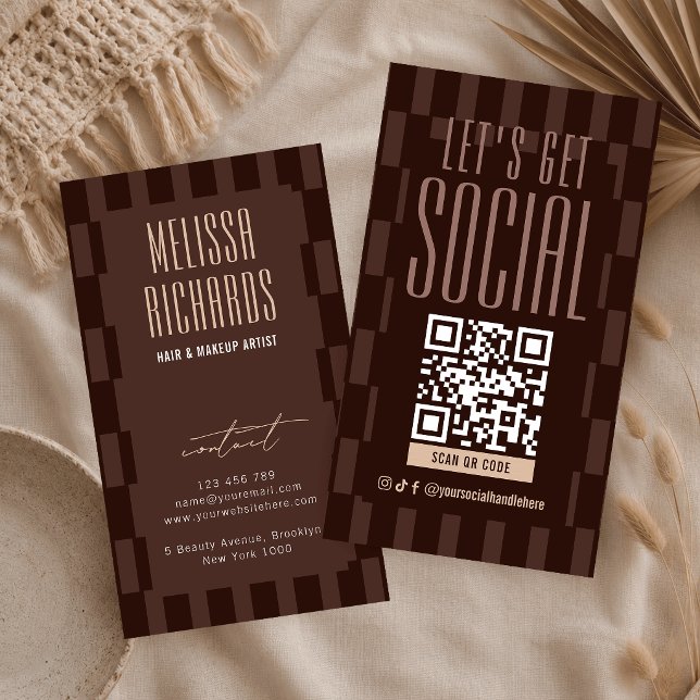 Retro Brown & Beige Social Media Scannable QR Code Business Card (Creator Uploaded)