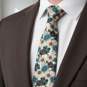 Retro Brown Blue Floral Tie
