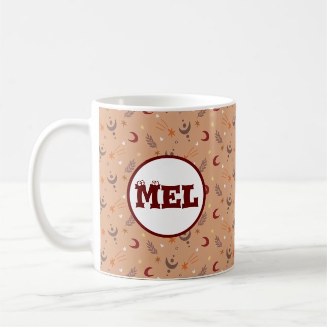 Retro Brown Boho Whimsical Pattern Personalised  Coffee Mug (Left)