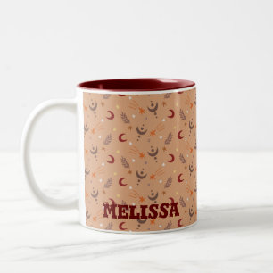 Retro Brown Boho Whimsical Pattern Personalised Two-Tone Coffee Mug