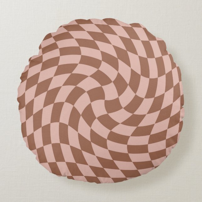 Retro Brown Checks Warped Chequered Dorm Room Round Cushion (Front)