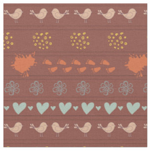 Retro brown colourful pattern of birds, dots, foot fabric