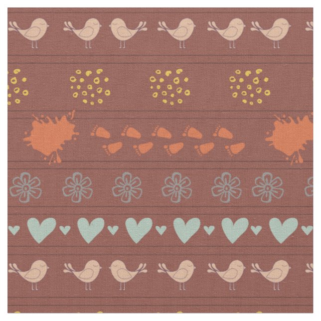 Retro brown colourful pattern of birds, dots, foot fabric (Close Up)