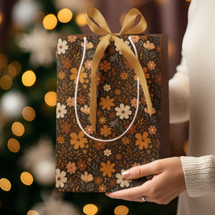 Retro Brown Floral Pattern Medium Gift Bag