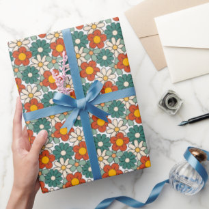 Retro Brown Green Hippie Floral Groovy  Wrapping Paper